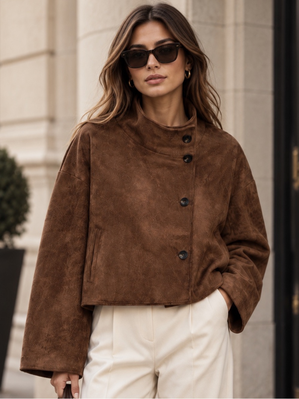 Zara Brown Faux Suede Cropped Stand Collar Funnel Neck Jacket NWT M